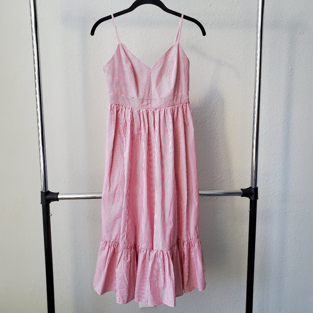 J. Crew Blogger Red Stripe Ruffle Midi Frill Dress - Picture 2 of 6